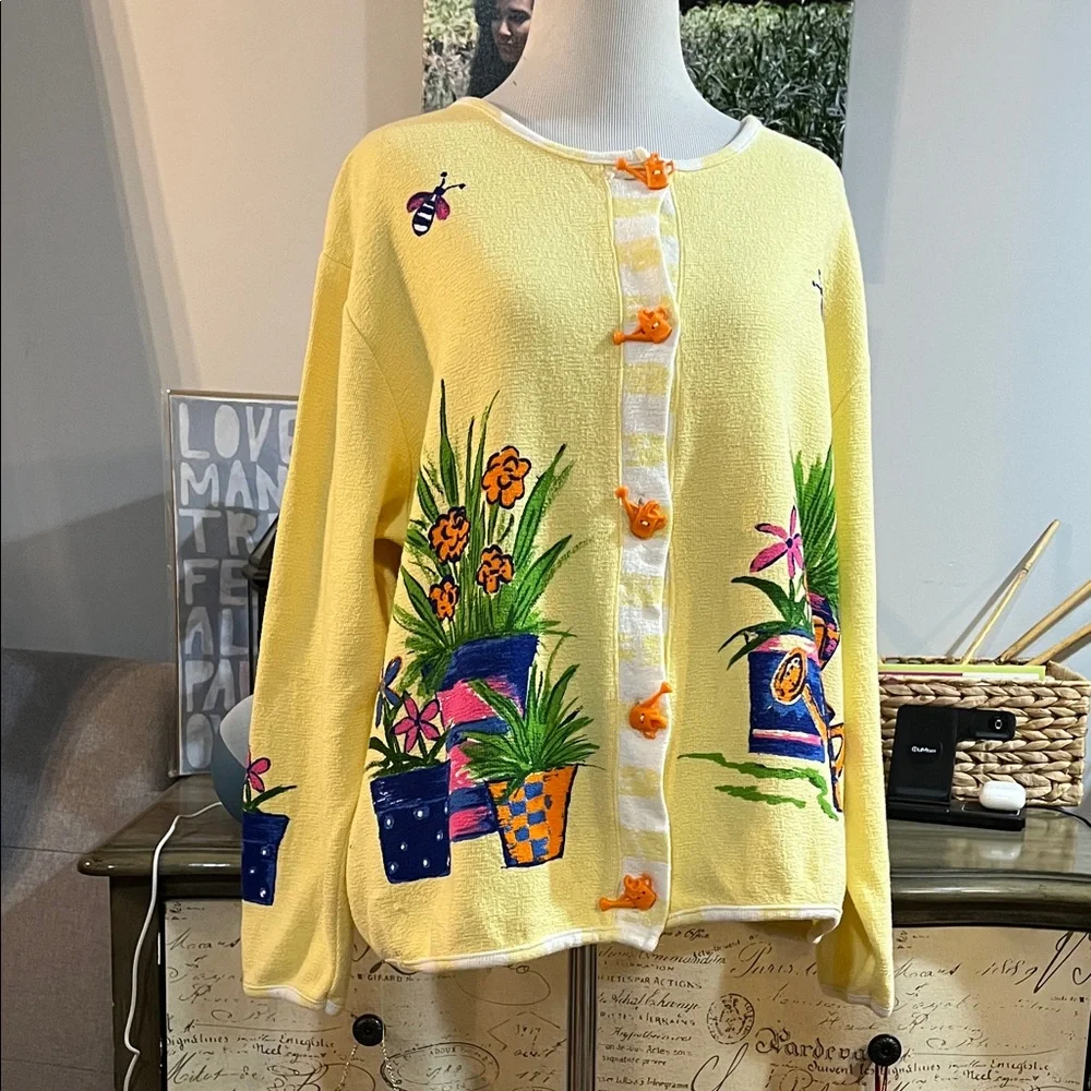 VINTAGE ONQUE CASUALS FLORAL GARDEN CARDIGAN TOP YELLOW MULTICOLOR SIZE LARGE - Picture 8 of 15